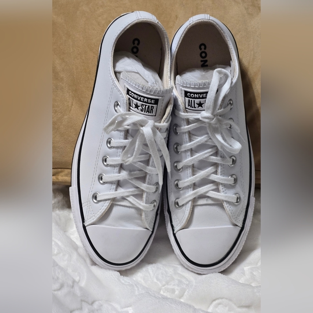 Converse White Low Top Platform Sneakers with Black Trim - Picture 4 of 12